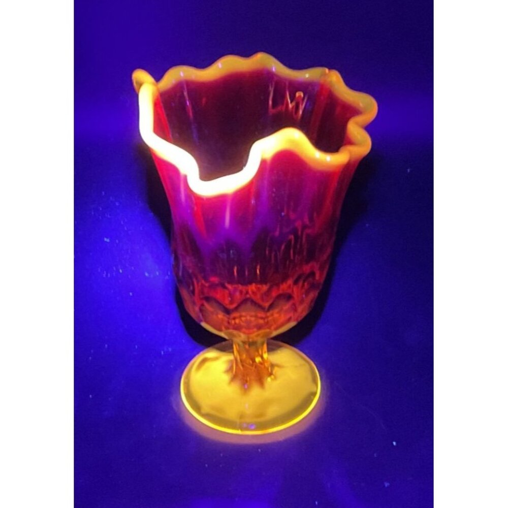 Vtg Fenton Art Glass Vase UV Thumbprint Amberina Handkerchief Swung w/ Pedestal